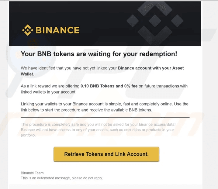 Example of a crypto phishing email mimicking a wallet provider