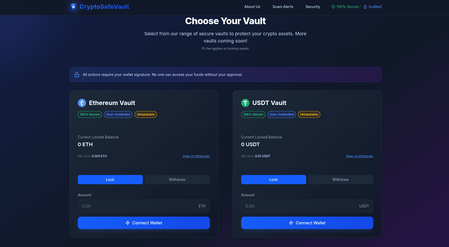 CryptoSafeVault’s secure ETH locker interface